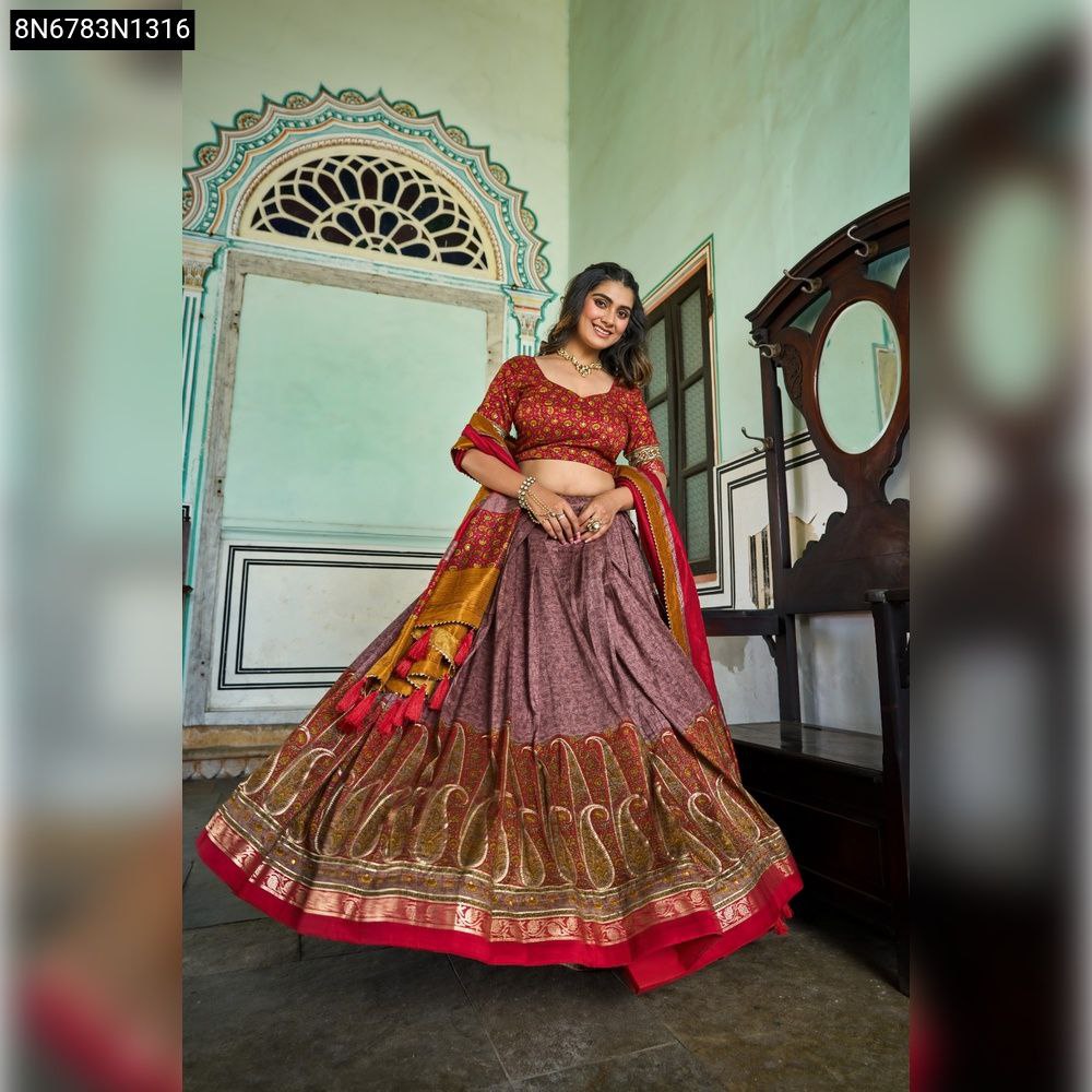 Woman in Earthen Red Paisley Printed Tasar Silk Lehenga Choli, front view, smiling