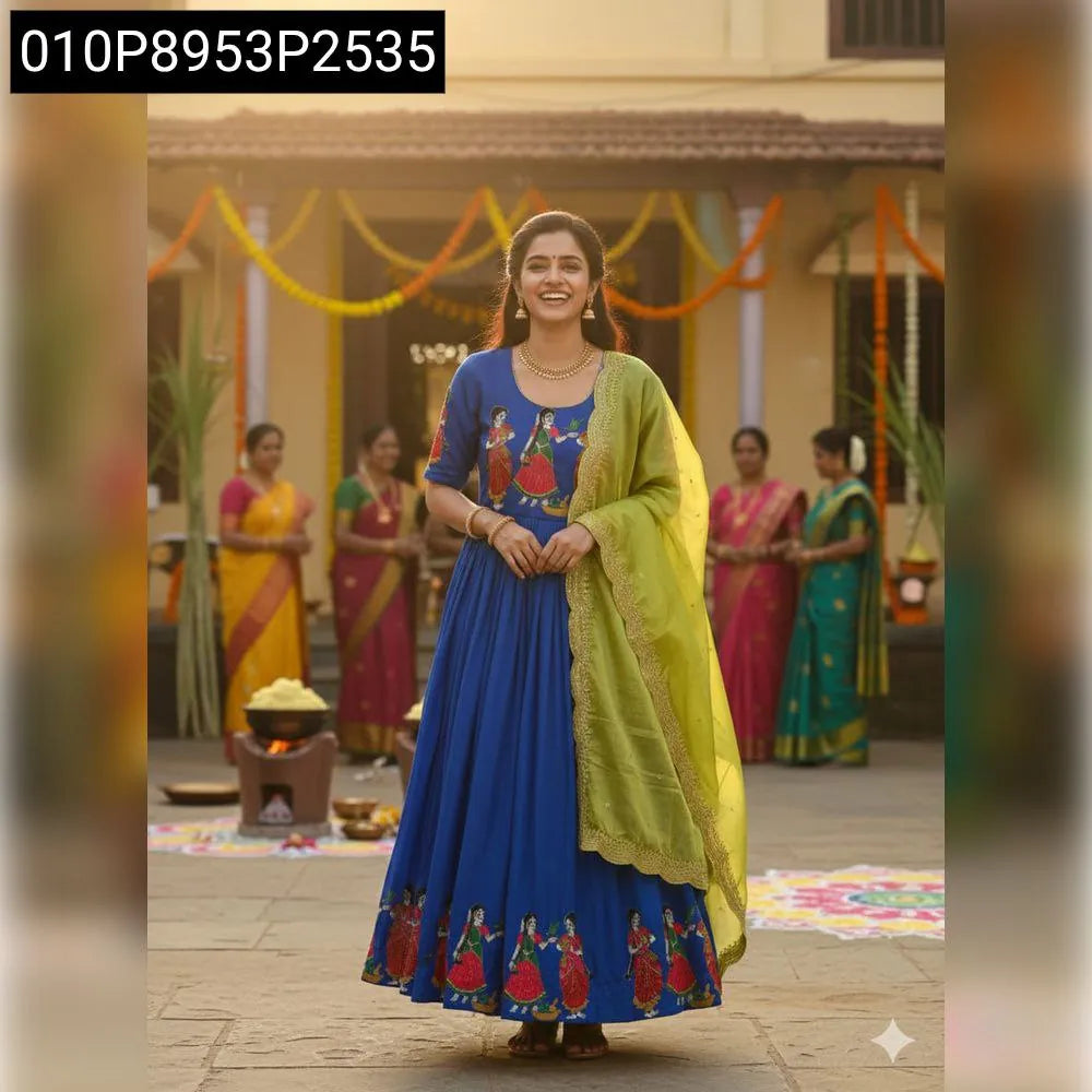 TRENDBUY Blue Pulmy Silk Gown with Maggam Work and Green Dupatta, model front view