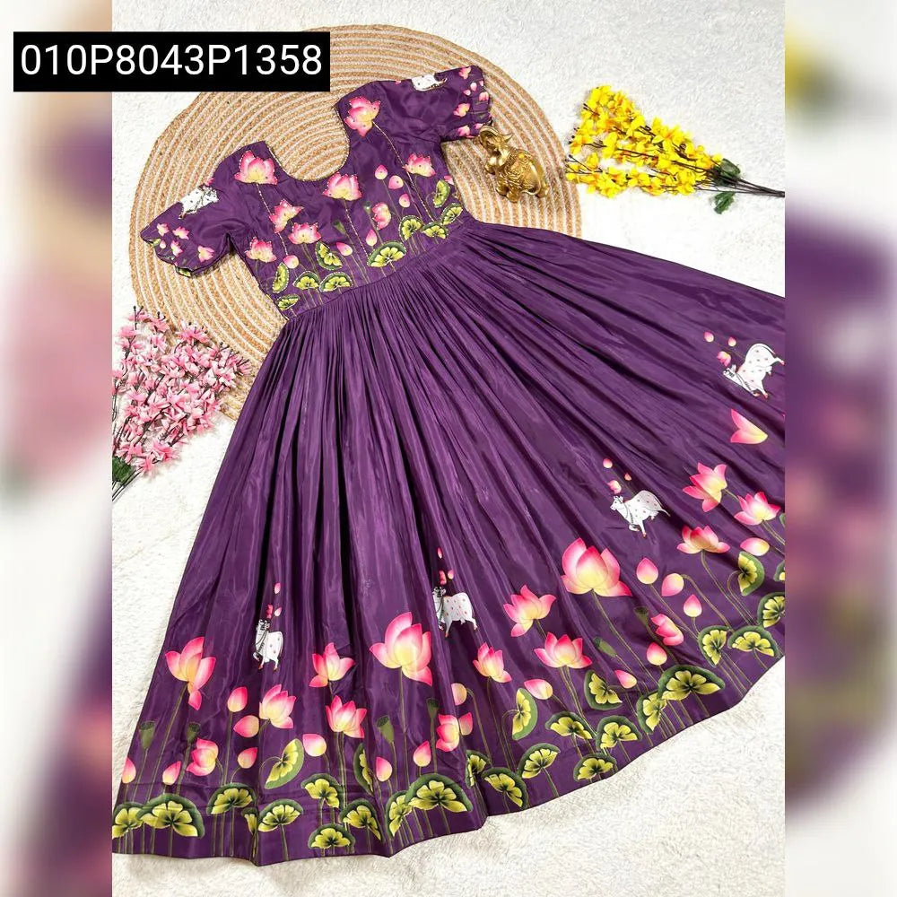 TRENDBUY Violet Pulmy Silk Gown with Maggam Work and Lotus Print, flat lay view