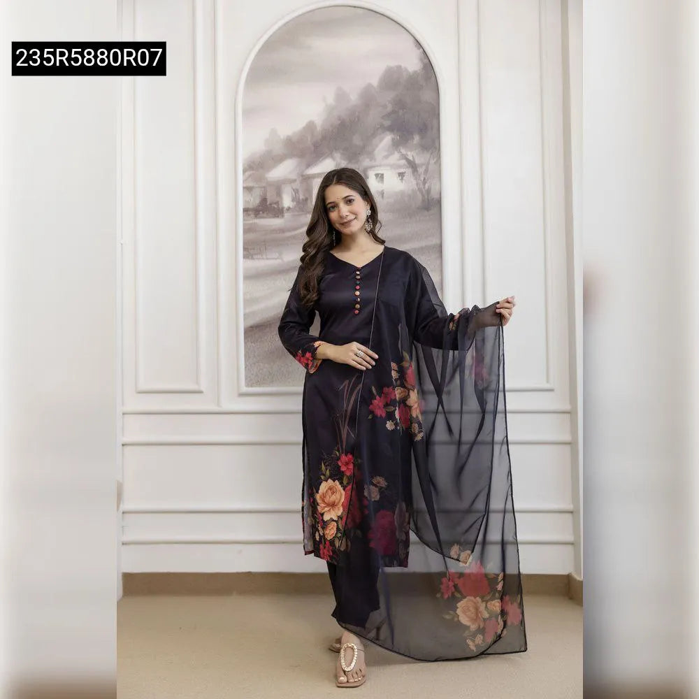 Front view of model elegantly posing in TRENDBUY Pure Assam Silk Floral Kurta Set, looking at camera.