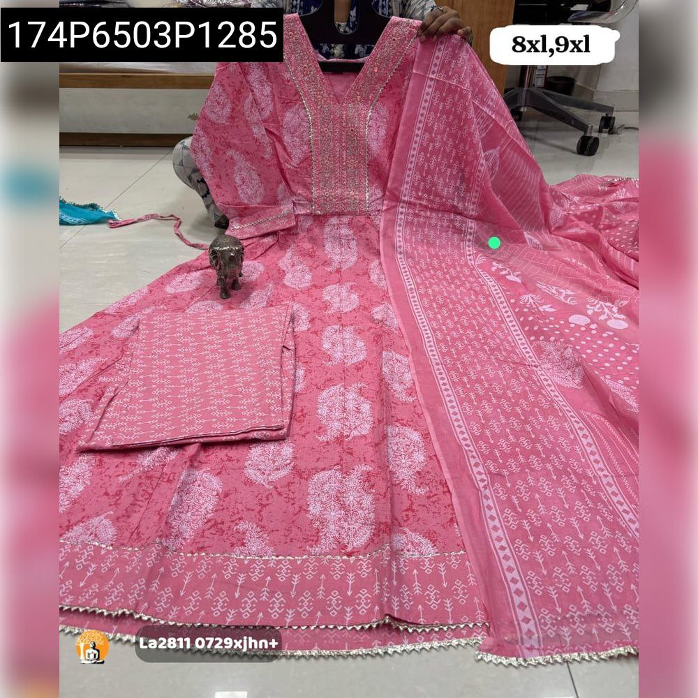 Blush Pink Pure Cotton Kurti Pant Dupatta Set with White Floral Print, Plus Size 8XL 9XL
