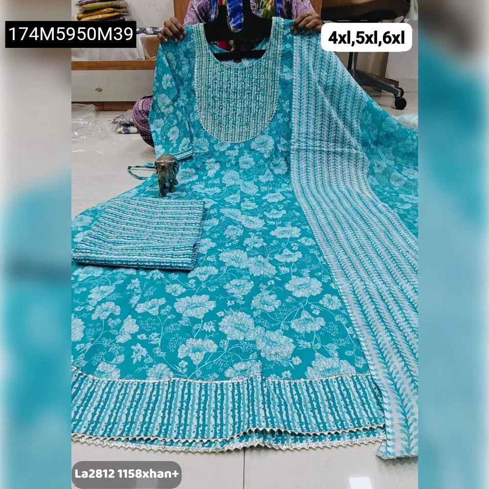 TRENDBUY Plus Size Pure Cotton Anarkali Kurti Set in Teal Blue with white floral print, paired with matching pants and dupatta.