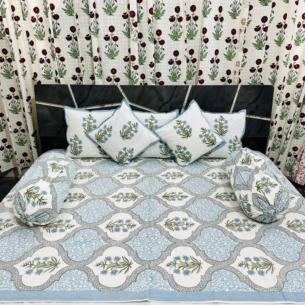 Light blue floral print pure cotton diwan set with cushion covers