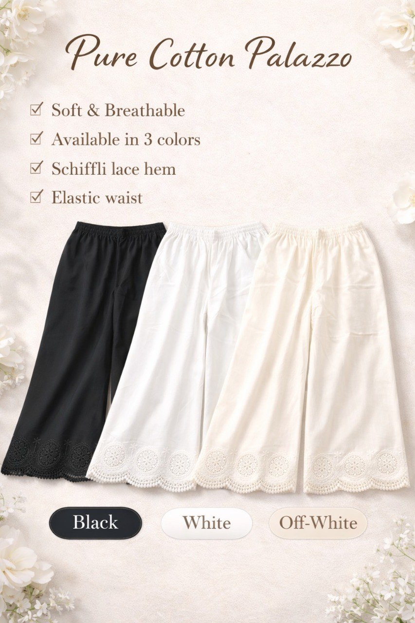 Pure Cotton Flare Palazzos with Schiffli Lace Hem in Black, White, and Off-White, by TRENDBUY