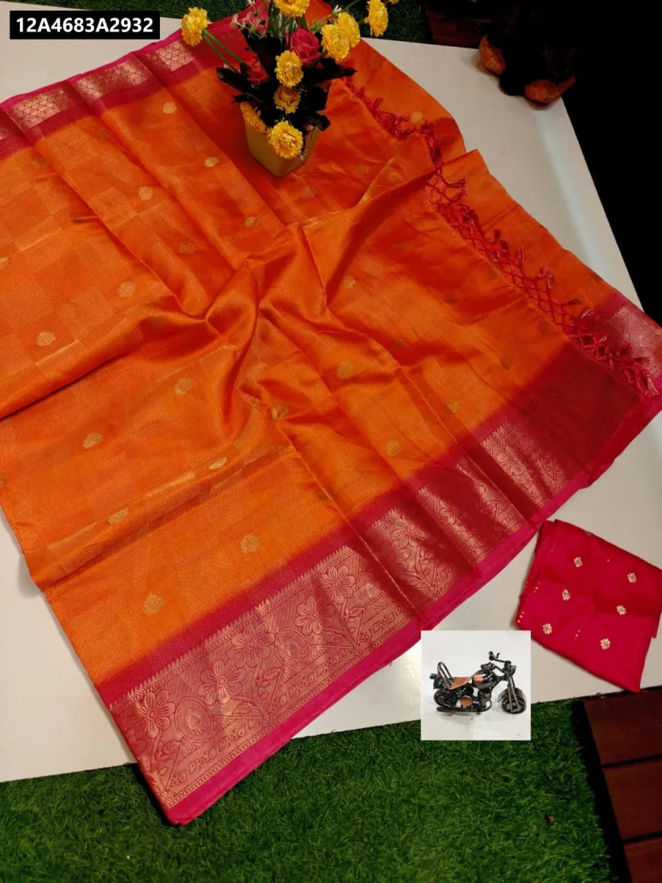 Orange Pure Cotton Jari Saree with Pink Jequard Border and Blouse