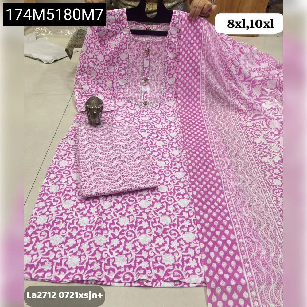 Pink Floral Pure Cotton Kurti Pant Dupatta Set with wavy pattern