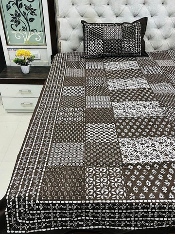 Pure Cotton Single Bedsheet 60x90 - Brown Patchwork Print with 1 Zipped Pillow Cover
