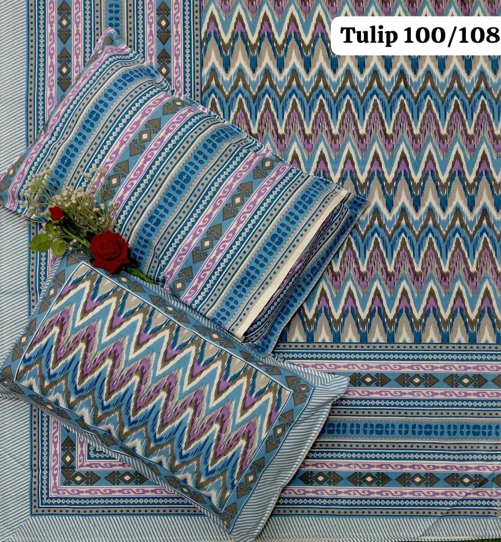 Blue and purple zigzag print cotton super king bedsheet with matching pillow covers