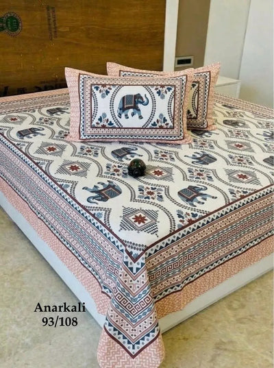 Pure Cotton Super King Bedsheet 108x108 - Pink Elephant Print with 2 Pillow Covers