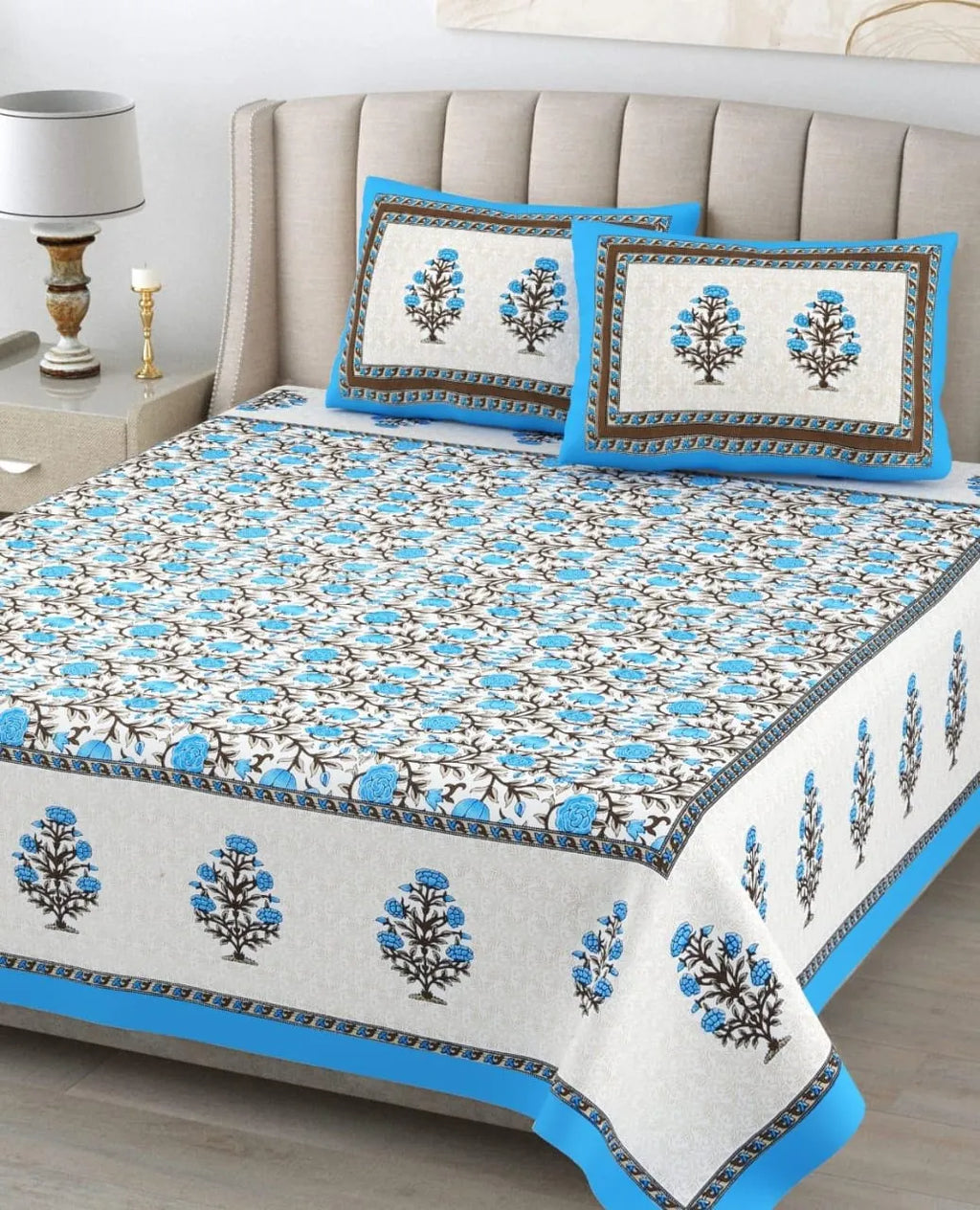 Blue floral print pure cotton double bedsheet with matching pillow covers