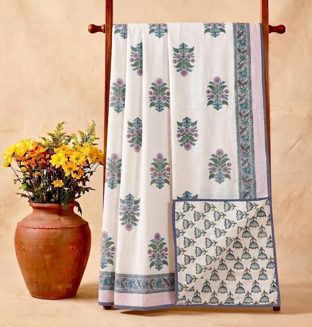 Hand block printed white cotton dohar featuring purple floral motifs and blue border