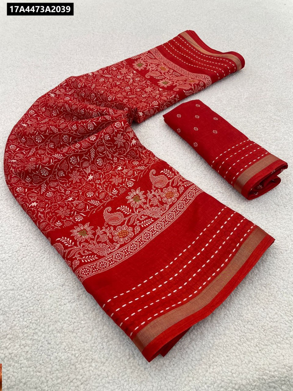 Red Pure Dola Silk Kalamkari Print Saree with Zari Weaving and Matching Blouse on White Background by TRENDBUY