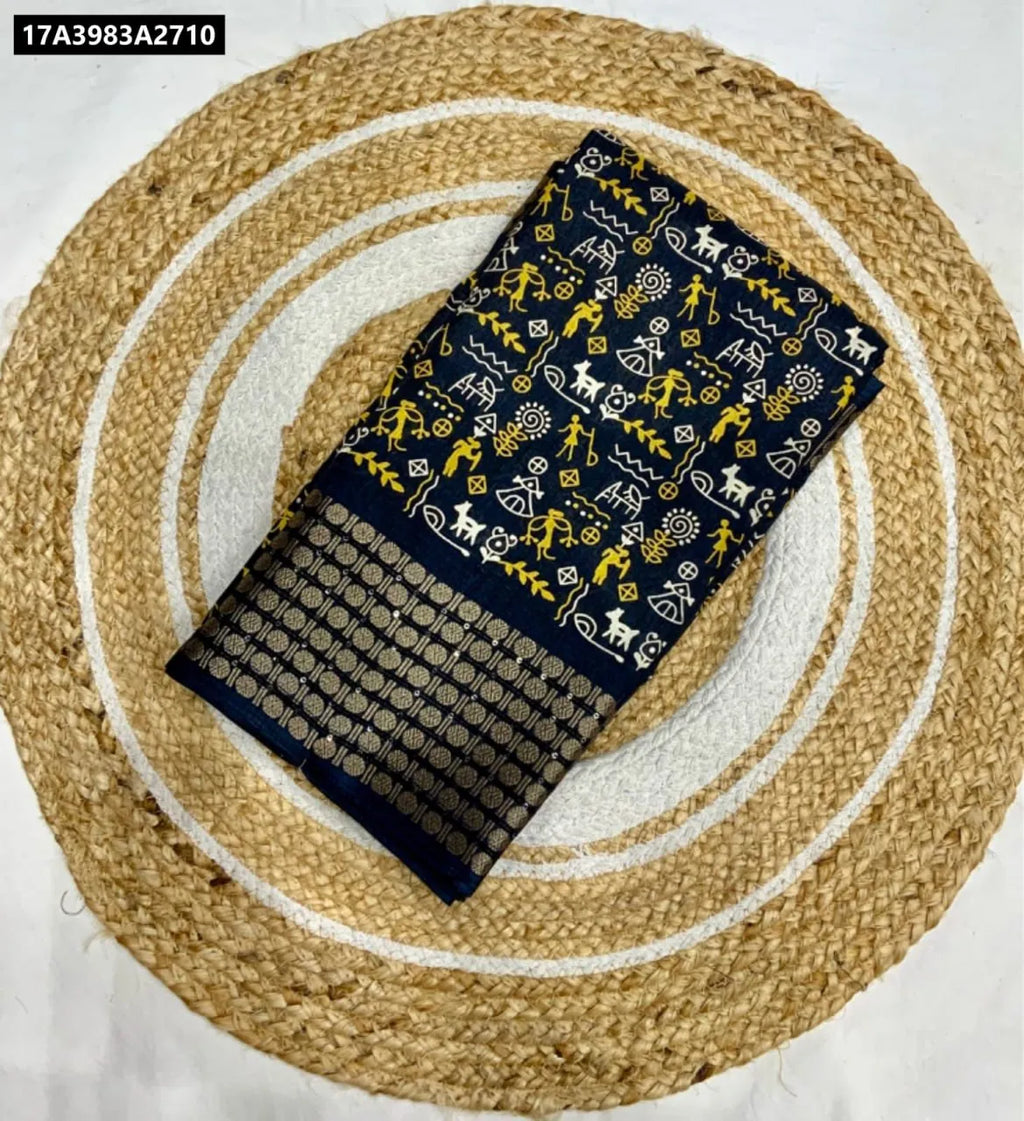 TRENDBUY Pure Dola Silk Saree with Kalamkari print and Jacquard border in Dark Blue, flat lay