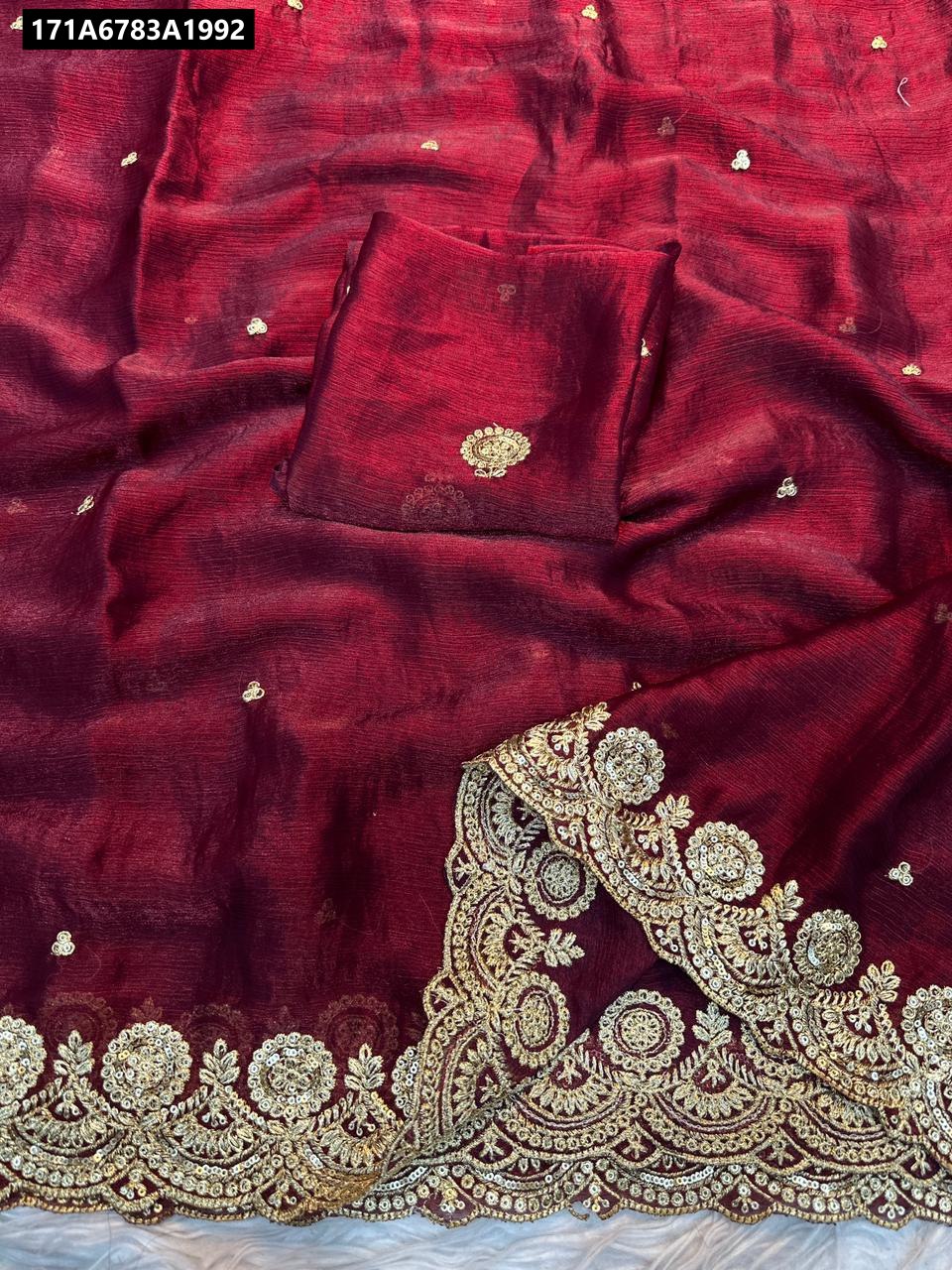 Maroon Pure Fandy Chiffon Saree with Butterfly Embroidery and running blouse