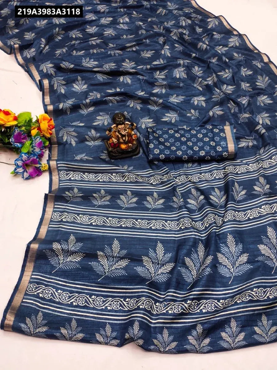 TRENDBUY Serene Blue Pure Handloom Silk Saree with Leaf Pattern and Zari Border