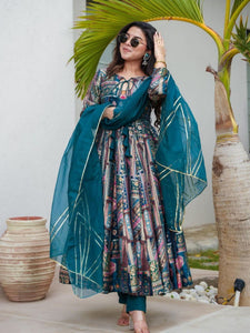 Pure Jimmy Organza Silk Anarkali Gown with Dupatta | Digital Printed Designer Outfit