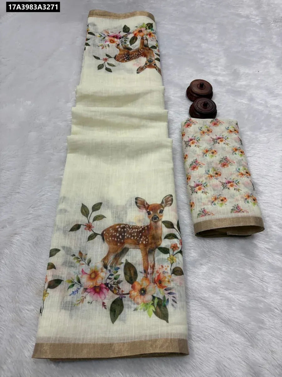 TRENDBUY Pure Linen Cotton Saree with deer digital print and zari border, flat lay