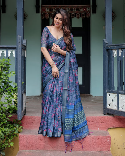 Pure Linen Floral Print Women's Saree | Casual & Office Wear by TrendBuy