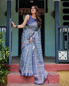 Pure Linen Floral Print Women's Saree | Everyday Elegance by TRANQUIL