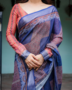 Premium Deep Indigo Pure Linen Saree with Red Contrast Blouse