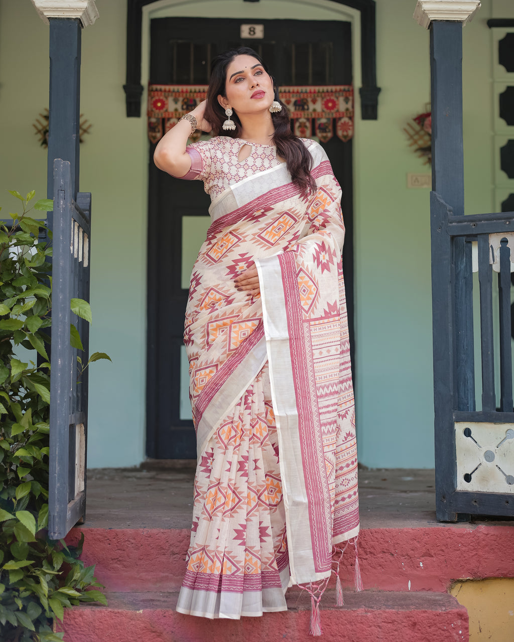 Women's Off-White Pure Linen Saree with Maroon Orange Tribal Geometric Motifs and Tassels, Front View