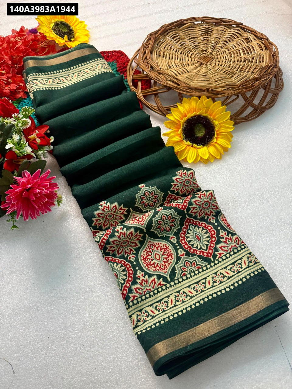 TRENDBUY Premium Mangalgiri Silk Saree with Jacquard Border in Dark Green, flat lay