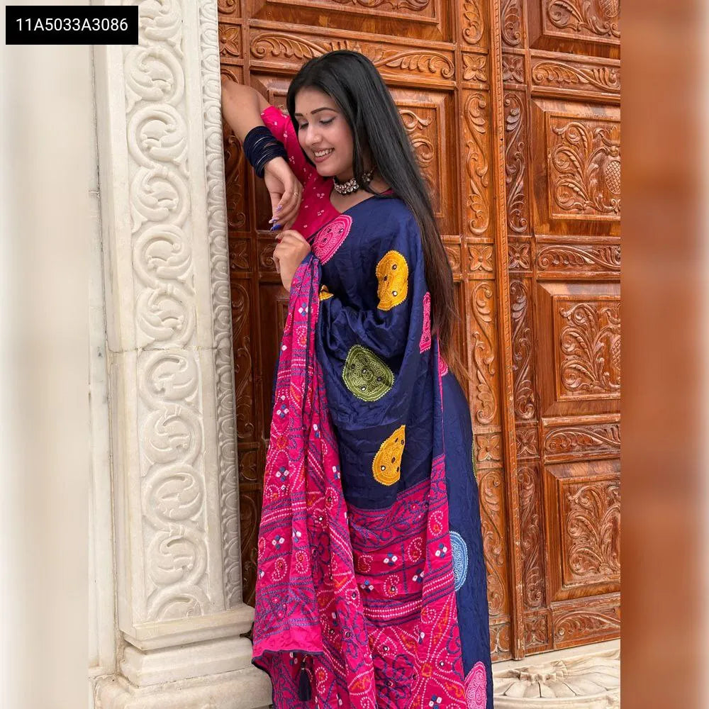 Model wearing TRENDBUY Pure Moss Bandhani Saree in Navy Blue & Pink with Mirror Work - Front View