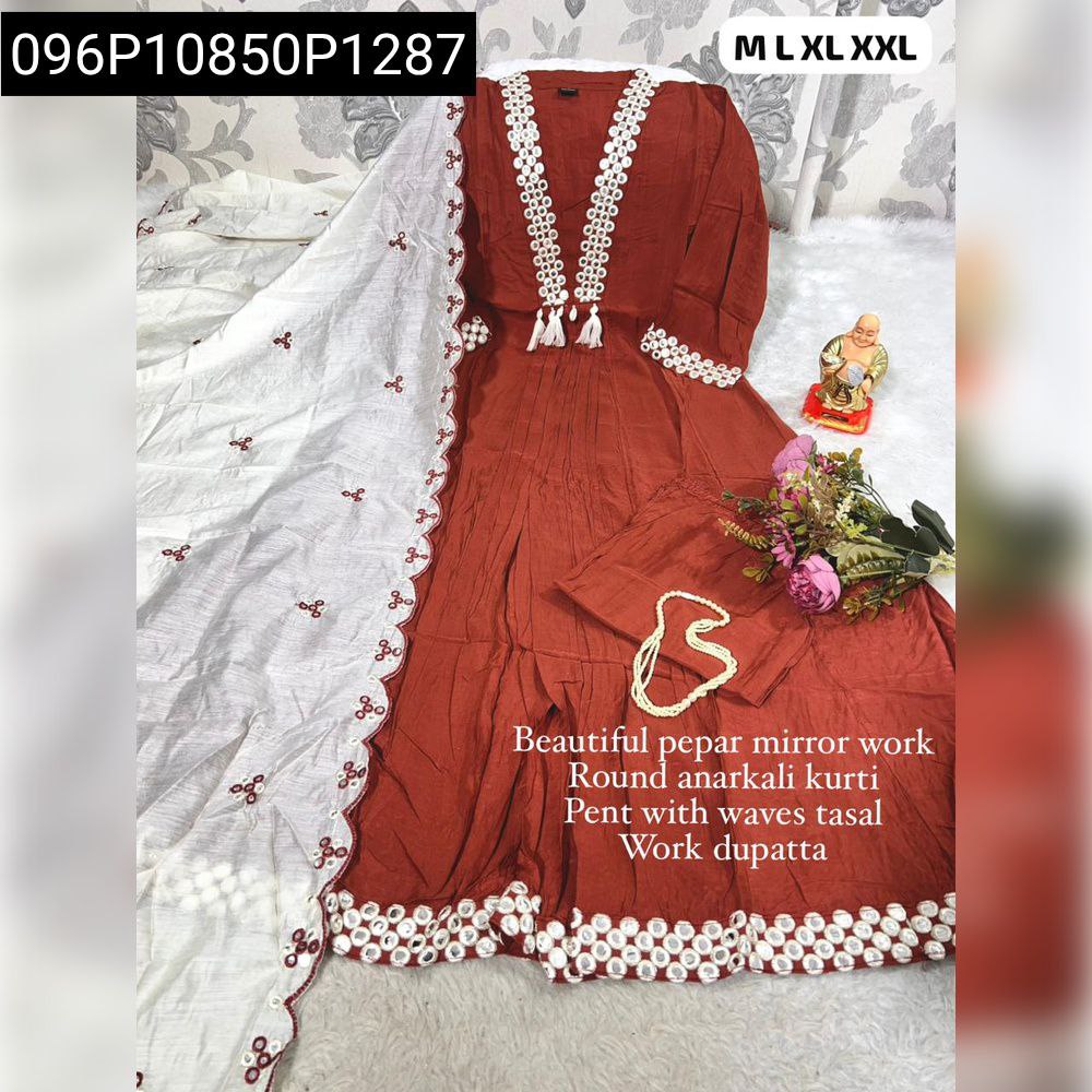 Full body view of Rust Chanderi Cotton Anarkali Suit Set with white dupatta and mirror work