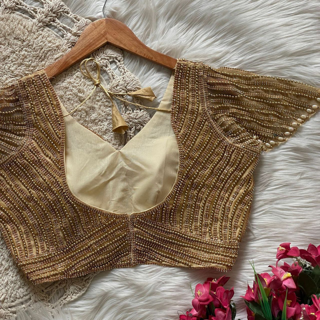TRENDBUY Champagne Gold Pure Silk Blouse with Handcrafted Pearl Work on hanger