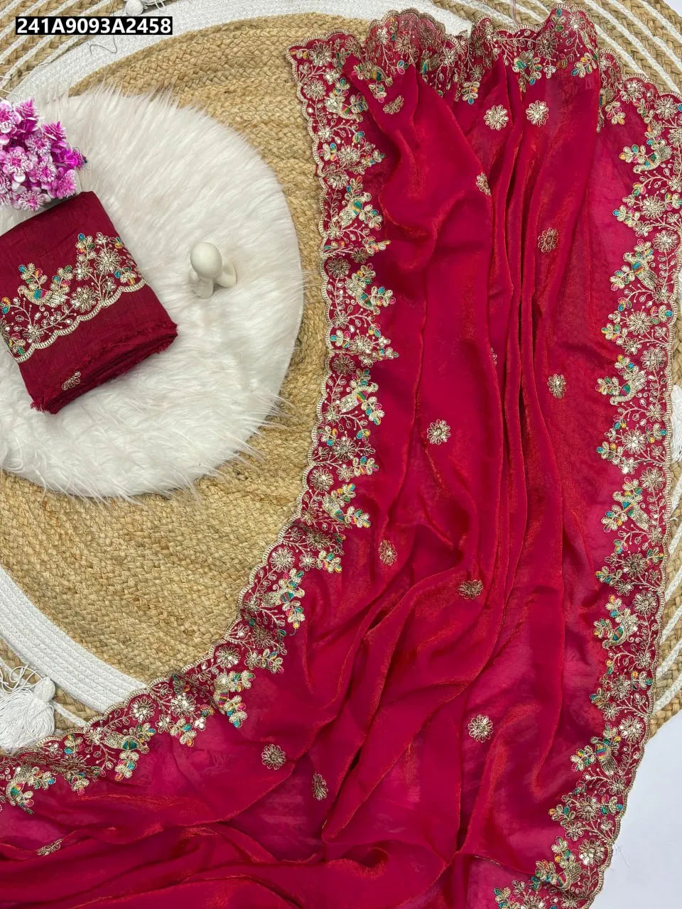 Full view of Rani Pink Pure Space Silk Saree with intricate embroidery and cutwork border