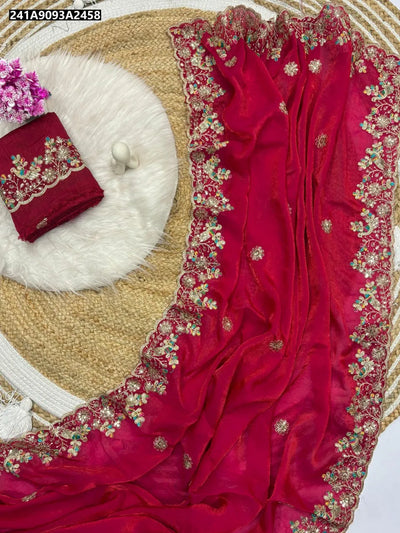 Buy Pure Space Silk Embroidered Cutwork Saree for Women | Festive & Ethnic Wear Online - Deep Red, Rani Pink