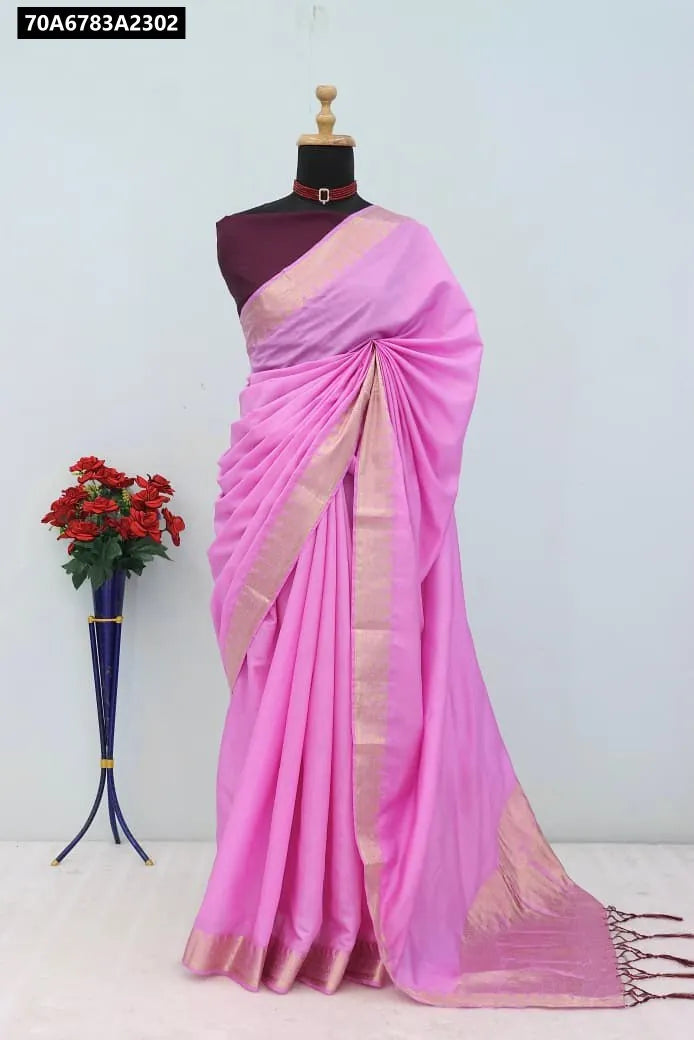 TRENDBUY Pure Staple Silk Saree in Pink with Gold Woven Border and Contrast Blouse Piece, Mannequin View