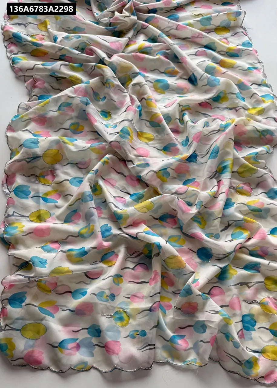 Draped view of Pastel Bloom Pure Tabby Saree with handwork and scalloped border.