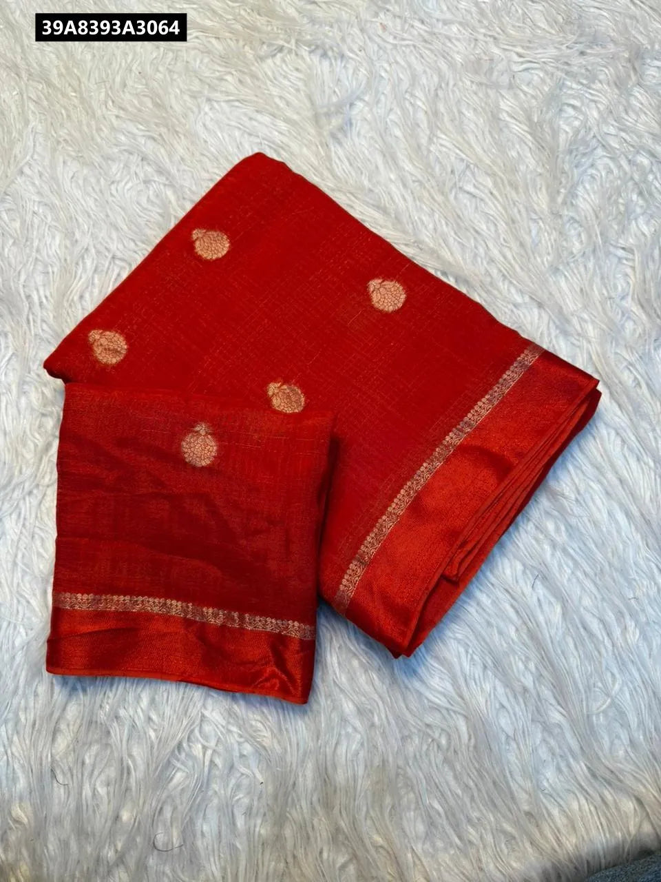 TRENDBUY Pure Viscose Jute Khadi Saree in Red with Jacquard Butti and Satin Border, folded