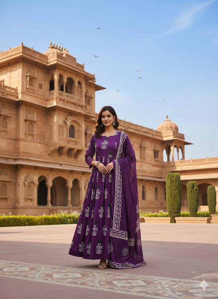 Woman in purple floral print Anarkali suit set standing in front of a grand palace.