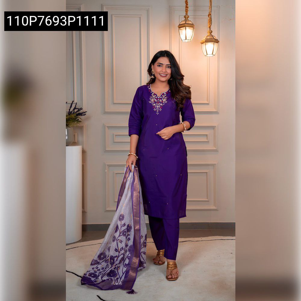Full body shot of a model confidently showcasing the purple Roman silk kurta set, featuring hand embroidery and a flowing Chanderi dupatta, perfect for any occasion.