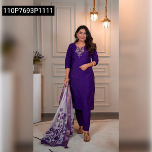 Purple Roman Silk Hand Work Kurta Set for Women