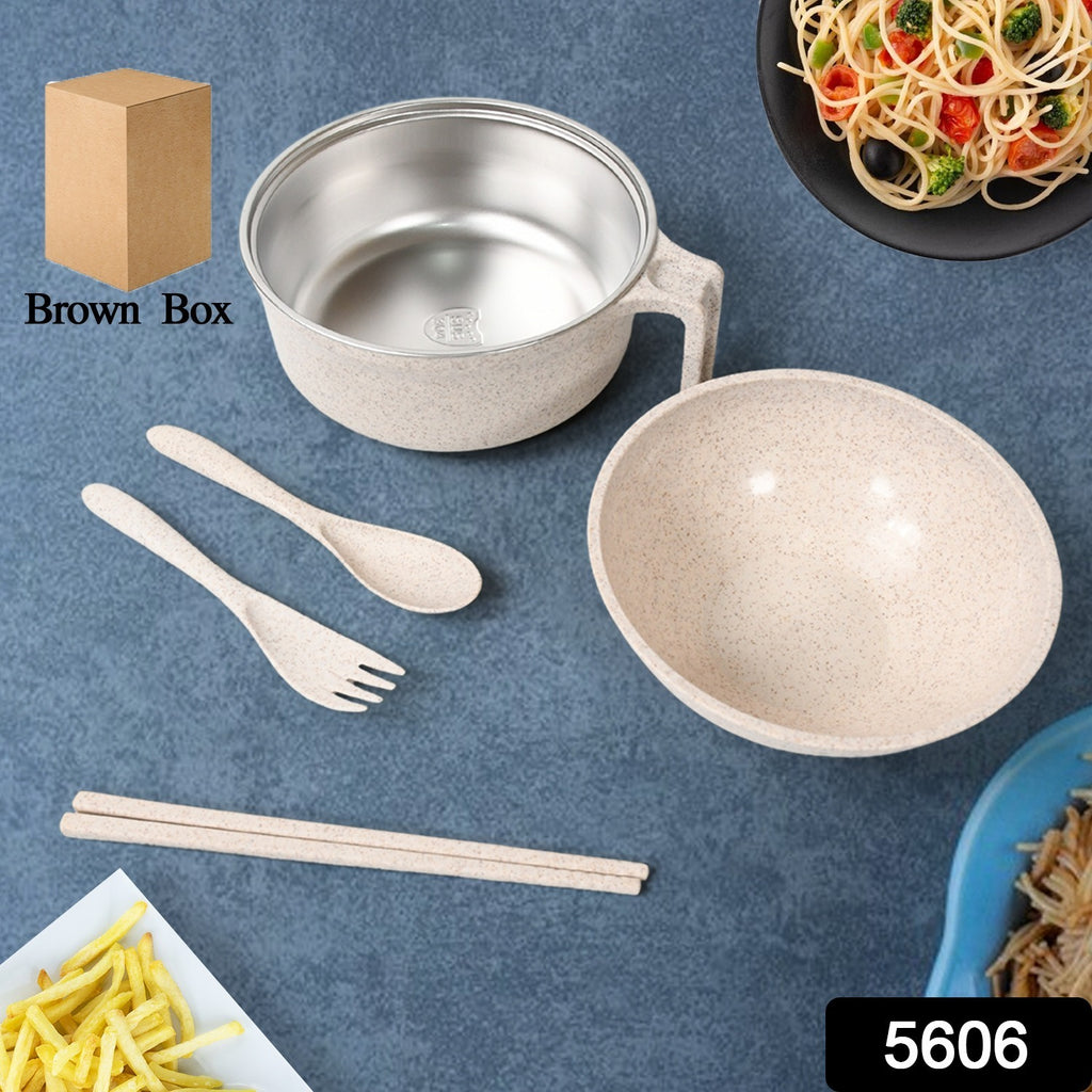 6 Pcs Wheat straw noodle bowl set with lid, handle, fork, chopsticks, and spoon for soup and salad.
