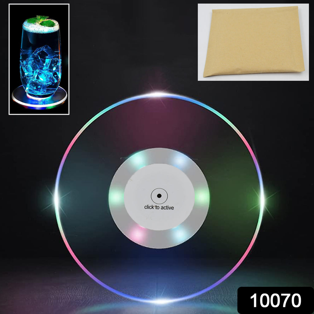 Round colorful ultra-thin LED drink coasters glowing under drinks