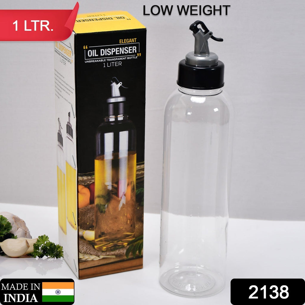 1-liter clear oil dispenser with stainless steel lid and precision drip-free spout.
