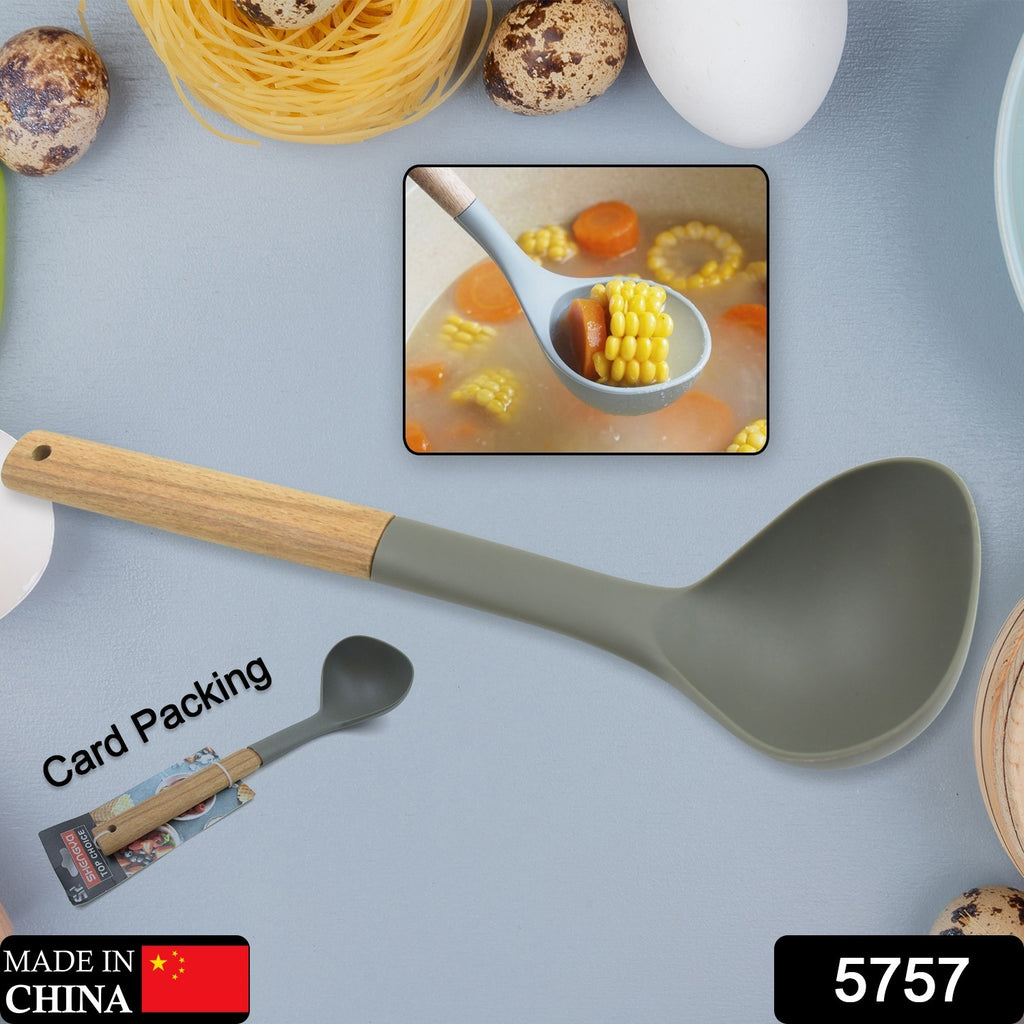 Black plastic heat resistant soup spoon for non-stick cookware, BPA free kitchen utensil.