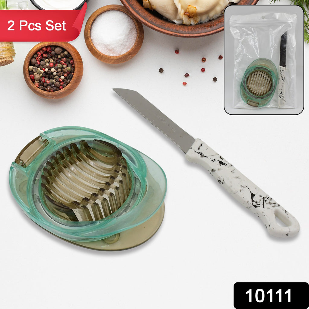 Stainless steel egg slicer and knife 2-piece set, ideal for slicing boiled eggs.