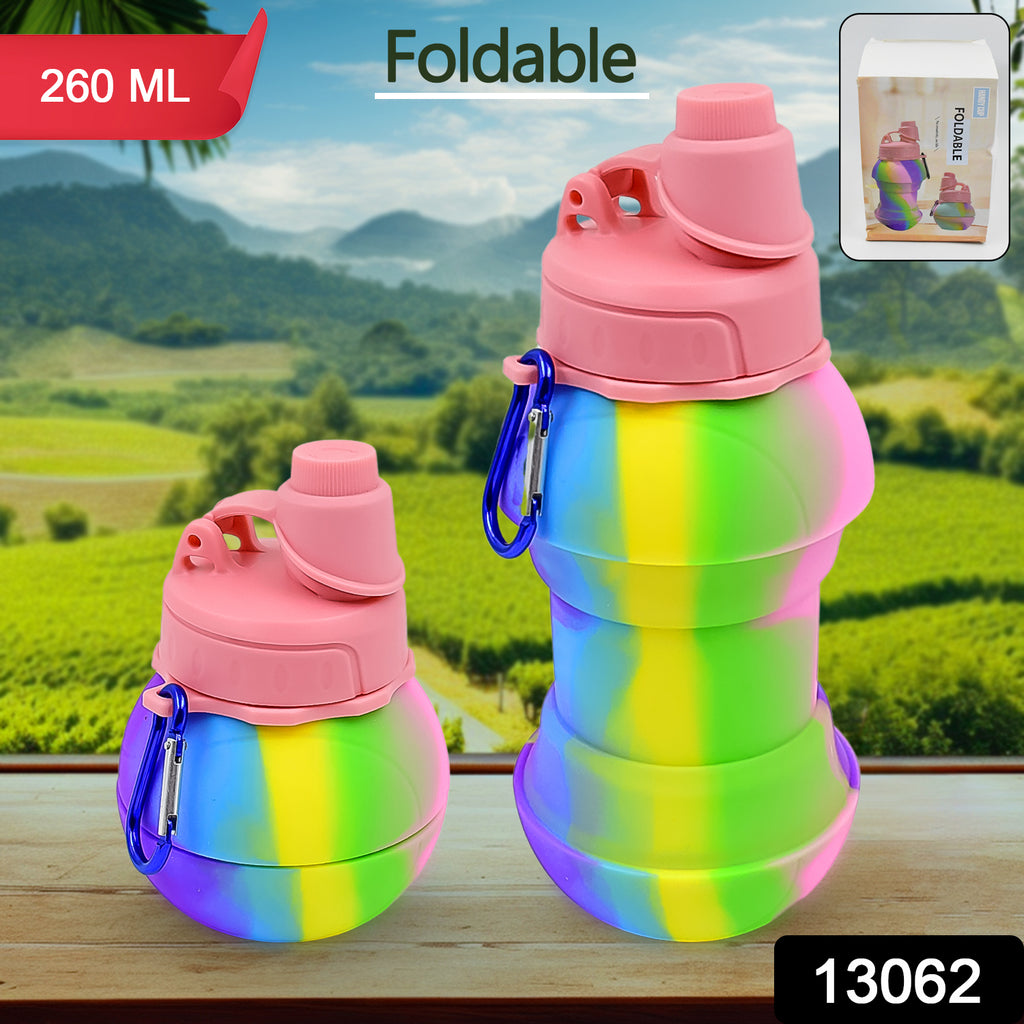 Collapsible light blue silicone sports water bottle (260ml) shown in a folded, compact state.