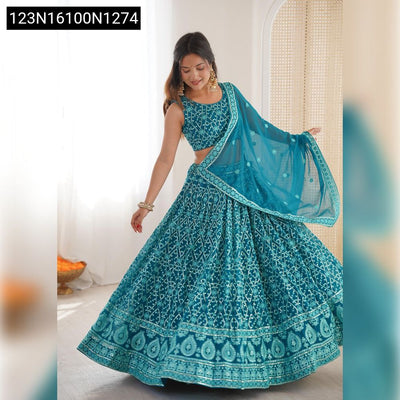 Radiant Teal Blue Embroidered Georgette Lehenga Choli | Festive & Wedding