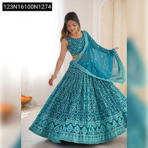 Radiant Teal Blue Embroidered Georgette Lehenga Choli | Festive & Wedding