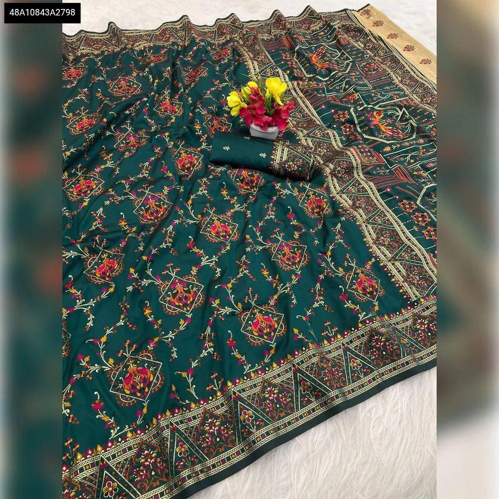 TRENDBUY Rajwadi Pashmina Silk Saree - Teal Green full drape flat lay with blouse piece