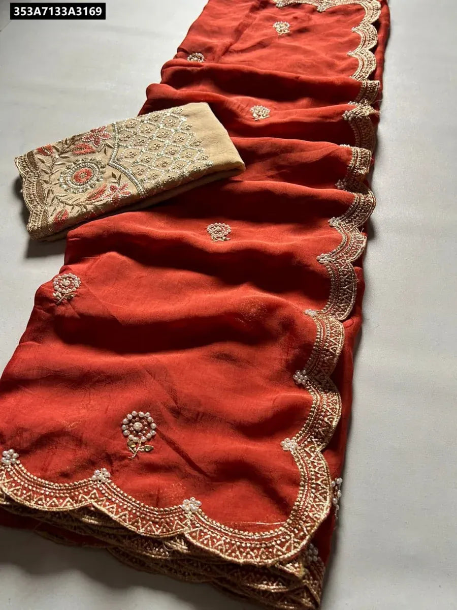TRENDBUY Rangoli Crush Silk Saree in Rust Red with embroidered scalloped border and moti work, flat lay with matching blouse.