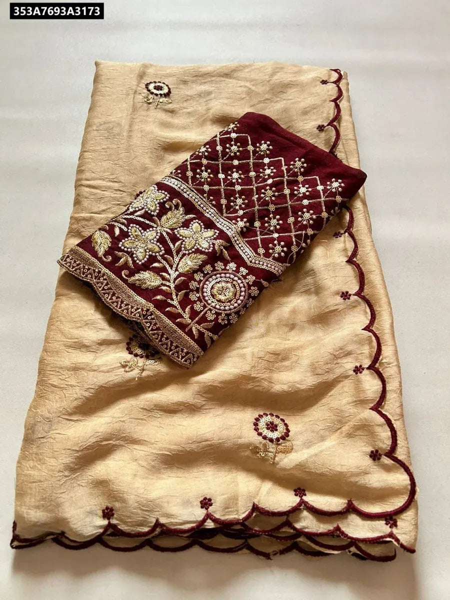 TRENDBUY Rangoli Crush Silk Saree with Maroon Contrast Blouse - Flat Lay