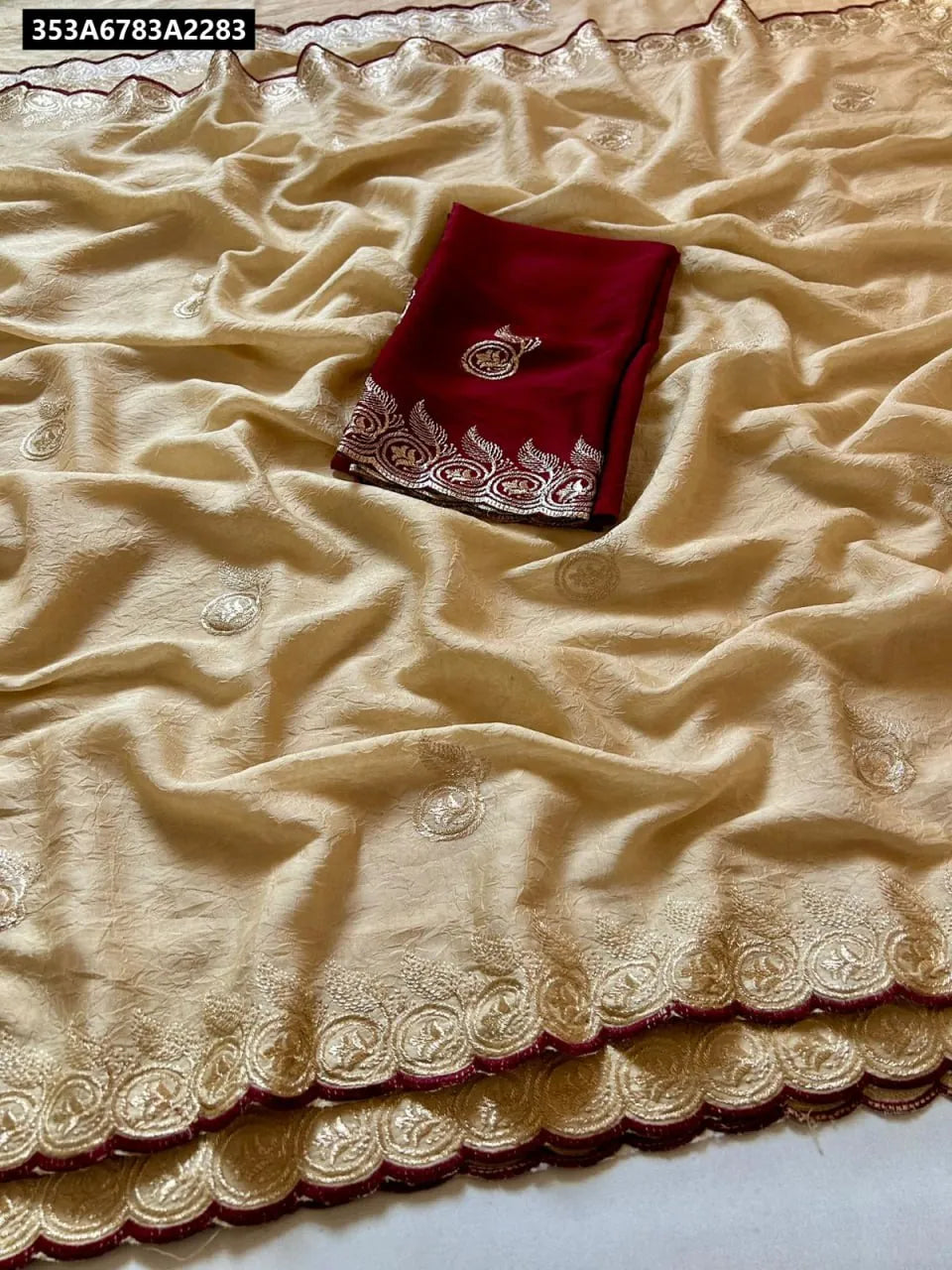 TRENDBUY Rangoli Crush Silk Saree with sequence work and cut work border, flat lay with maroon contrast blouse piece