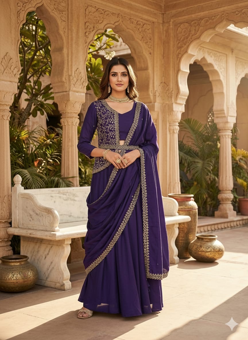 Model showcasing a beautiful purple drape lehenga saree with intricate gold embroidery and a matching jacket and belt, set in an elegant outdoor Indian archway.
